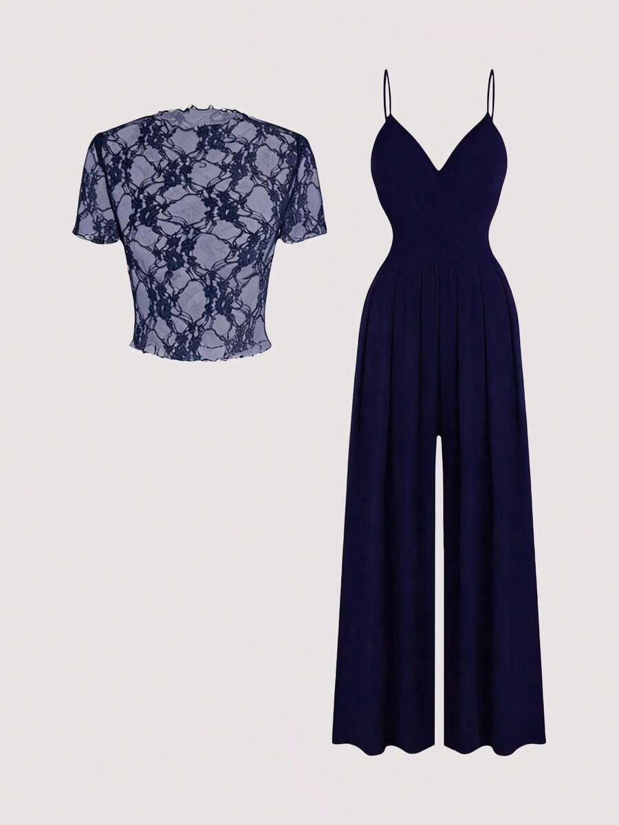 SHEIN ChicEase Bộ đồ hai mảnh gợi cảm dây mảnh ôm sát cơ thể dành cho nữ, thích hợp cho mùa hè. - Màu xanh hải quân - Xem 1