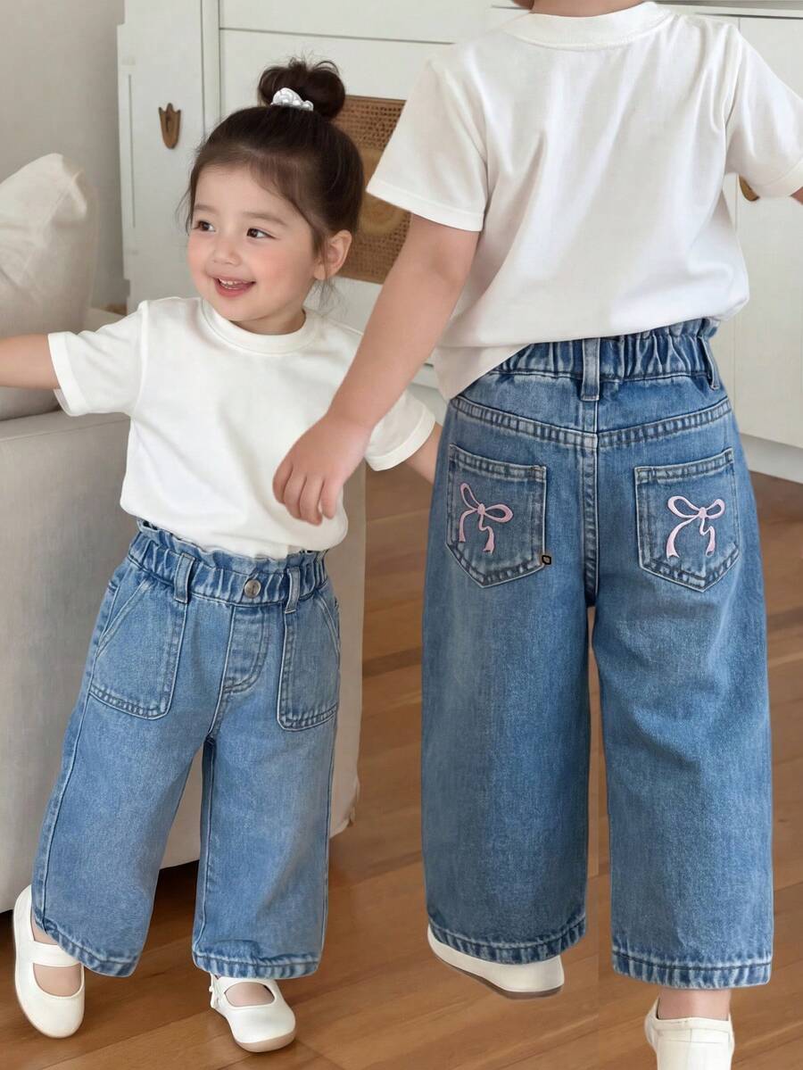 SHEIN Genkimix Kids Baby Girls Butterfly Embroidery Sweet Floral Cargo Pants - Light Wash - View 1