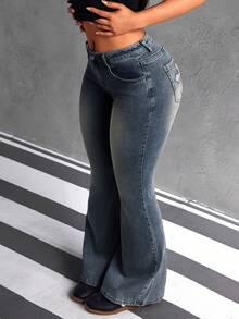 SHEIN ICON Women's Cross Embroidery Pocket Skinny Flare Leg Casual Jeans - Blue - View 3