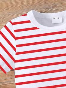 Playful Pals 2pcs/Set Baby Boy Cute Bear & Striped Print Round Neck Short Sleeve T-Shirt + Orange Shorts Set, Suitable For Outings In Summer - Multicolor - View 3