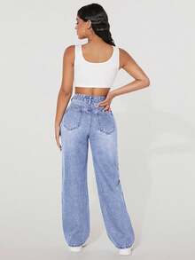 SHEIN PETITE Quần jeans nữ màu trơn, kiểu dáng tối giản, rách nhẹ, thích hợp mặc thường ngày. - Màu xanh nhạt - Xem 7
