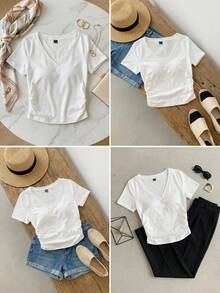 SHEIN EZwear 女士纯色V领褶皱休闲百搭日常短袖T恤 - 白色 - 查看 10