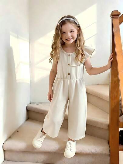 Elladie kids 女童无袖连体裤，荷叶边细节，正面纽扣装饰，松紧腰，休闲阔腿款式