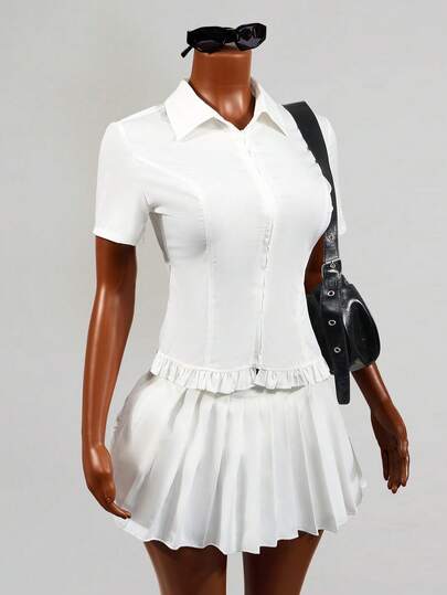 Mistrie 甜美清爽的短袖拉链衬衫，领口设计，荷叶边下摆，收腰设计，修身剪裁，百搭休闲上衣，博主风格，适合工作、约会等场合，优雅女式衬衫