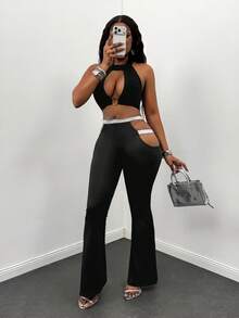 Glyssa Women's Casual Flared Design Low-Waist Hollow-Out Elastic Fitted Pants - Black - View 6