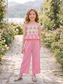 Emery Rose Kids Emery Rose Kids 2件套女童纯色编织吊带背心和长裤套装，粉色衬衫，夏季服装，抹胸上衣，春季女童套装，女童喇叭裤套装，波西米亚风女童粉色夏季套装，钩针花卉吊带背心和阔腿裤，女童粉色花卉钩针吊带背心和阔腿裤套装，可爱儿童夏季服装，女童粉色连体衣，女童春季连体裤，女童两件套，女童褶皱套装，儿童夏季女童服装，花卉套装 - 粉色 - 查看 13