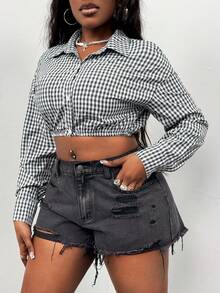 Glyssa Women's Black And White Plaid Long Sleeve Button-Down Cropped Blouse,Elegant Casual School Back-To-School Autumn Holiday Vacation Collar Shirt Top - Black and White - View 4