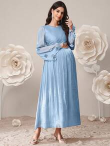 SHEIN Vestido elegante de manga larga con cuello redondo y drapeado en unicolor para maternidad - Celeste - Ver 4