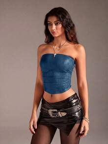 TRNVIE 1pc Women's Blue Crocodile Print Coated Elastic Wrap Chest Ruched Backless Camisole Top,Blue Leopard Print,Summer,Techno,Club Night,Rave Corset Tops - Royal Blue - View 6