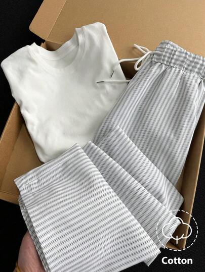 Elamini 1pc Women's Vintage Conservative Waist Tie Elastic Waist Striped Loose Straight Leg Pants, Suitable For Home, Daily, School, Office, Travel, All Seasons, Black & White