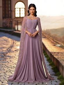 Aureia Elegante y lujoso vestido largo de sirena con hombros descubiertos, bordado con cuentas, con un cuello amplio y fluido, adecuado para festivales, bodas, galas, conciertos, eventos de negocios y ocasiones de influencers en redes sociales - Púrpura malva - Ver 7