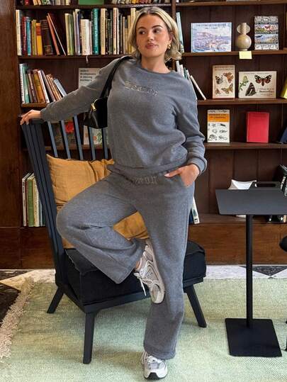 Bethéva 女士复古字母刺绣保暖宽松卫衣和运动裤两件套，深灰色，秋冬款