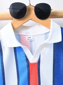 SHEIN Playful Pals 2件套男婴彩色复古时尚polo领撞色条纹短袖套装，适合外出、休闲、运动、派对等场合，展现活力和个性。 - 藍色 - 查看 3