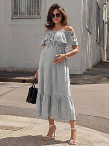 MaterniWear Schwangeren Frauen Off-Shoulder gestreiftes gerafftes modisches schickes Partytube-Kleid - Schwarz und Weiss - Übersicht 2