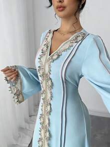 Rafferiza Women's Loose V-Neck Ruffle Long Sleeve Robe, Turkish Abaya, Arabic Kaftan - Light Wash - View 5