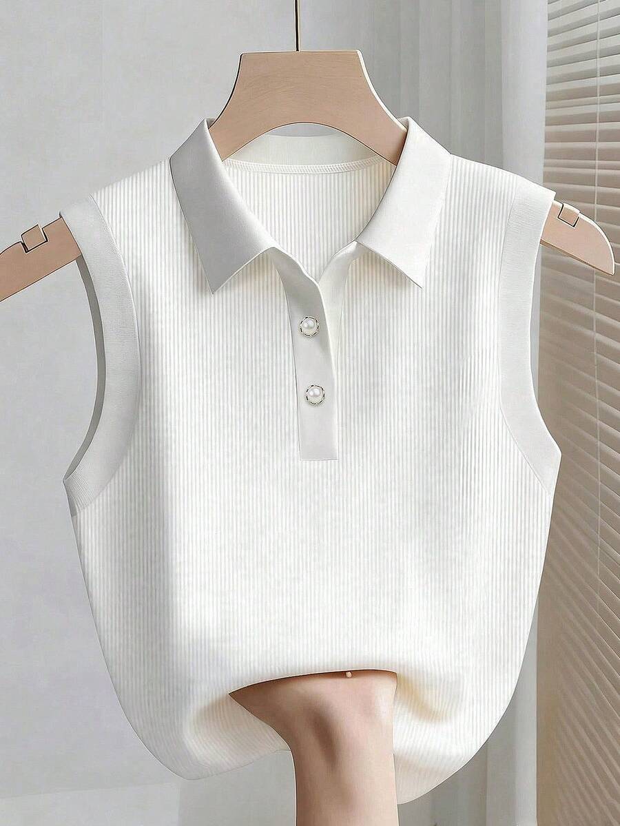 SHEIN Tween Girls' White Knit Ribbed Polo Collar Casual Minimalist Elegant Sleeveless Fitted Tank Top - White - View 1