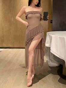 DAZY Camisón de verano con Body ceñido, volantes y tela de malla transparente - Marrón - Ver 3