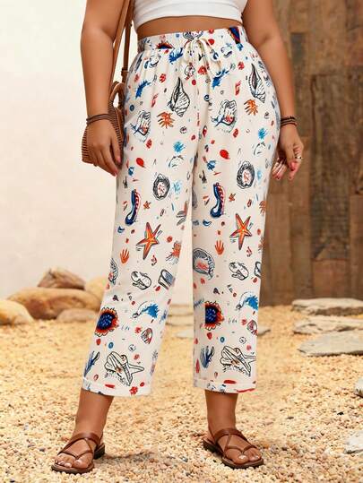 Breezaya Plus Size Women's Printed Casual Romantic Versatile Commuter Pants