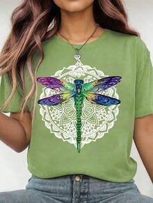 EMERY ROSE Ladies' Casual Short Sleeved T-Shirt With Dragonfly Mandala Print,Loose Round Neck Retro Cute Top,Machine Washable,Greeen,Summer,Casual,Hiking - Dark Green - View 3