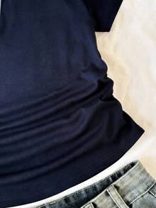 SHEIN 少女海军蓝白领针织休闲撞色修身短款上衣，女童条纹拼接复古运动Polo衫 - 寶藍色 - 查看 5