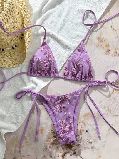 Swim Mod 两件式泳衣，纯色亮片纹理挂脖式文胸上衣和侧系带比基尼泳裤，性感比基尼套装，春夏海滩度假