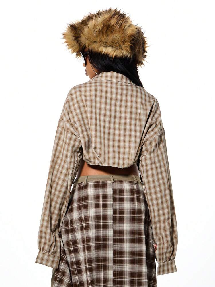 SUMWON Check Oversized Cropped Button Down Shirt With Knot Detail Long Sleeve Collared Blouse Fall Winter Plaid Top