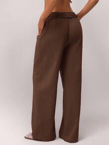 SHEIN Forever 21 春季新款低腰褶裥腰带设计休闲女裤 - 棕色 - 查看 2