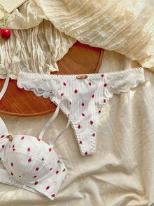 Ladies Lace Splice Strawberry Print Underwire Bra And Panty Set (2 Pieces), Lingerie, Kawaii - White - View 5