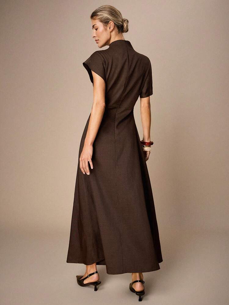 SHEIN Maija Women's Elegant Solid Color Short Sleeve Dress, Suitable For Commuting,Modern Urban Women's Pleated Design Stand Collar Dress, Long Summer Dress For Women, Summer Outfits , Summer Outfits For Women , Spring Break Outfits, Valentine Outfits For Women, Valentines Day, Elegant Dresses , Elegant Dress For Women,Dolman Sleeve  St Patrick's Day Women Easter Summer Outfits Easter Dress Women Party Top Beach Dress Summer Holiday Outfits Each Vacation Outfits For Women  Summer Outfit For Women Going Out Outfits Graduation Graduation Outfit  Casual Dresses  Casual Blouses For Women