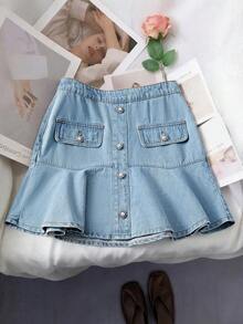 GlowEve Chân váy denim mùa hè dành cho nữ với viền bèo nhún - Rửa nhẹ - Xem 2