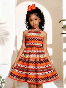 SHEIN Vintaside Kids 1件女童夏季橘色波希米亞風掛脖洋裝，復古紋理提花布料A字版型，海灘度假陽光裙，適合女孩與少女 - 彩色 - 查看 4