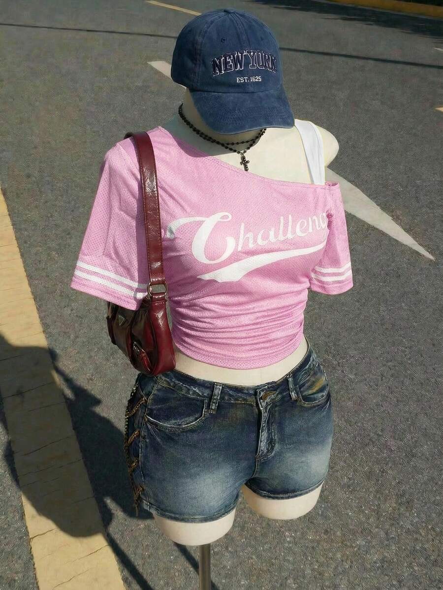 SHEIN ICON T-shirt de basketball 2 en 1 à épaule oblique pour femmes grandes tailles - Rose bonbon - Voir 1
