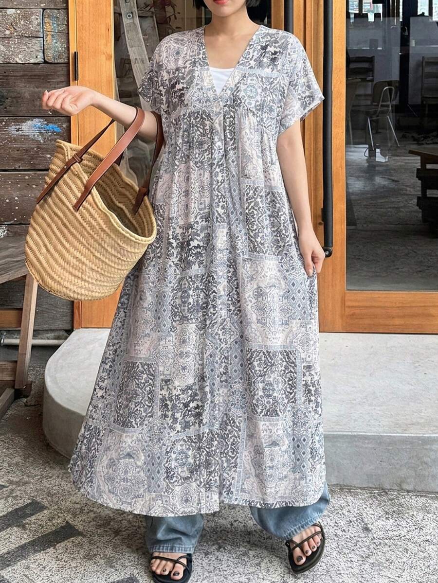 FRIFUL 女士印花V领蝙蝠袖宽松休闲长连衣裙,适合假日穿着,夏季波西米亚风度假装扮 - 藍色 - 查看 1