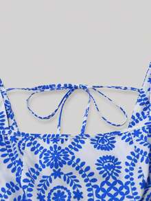 Trelyra Áo kiểu nữ cổ vuông tay bèo nhún vạt lệch in họa tiết - Màu xanh lam - Xem 4