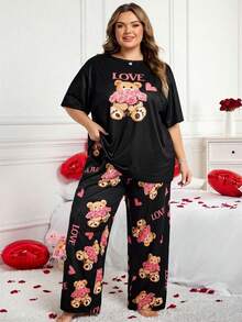 SHEIN CURVE+ 加大码女式熊与爱心印花短袖上衣和裤子睡衣套装，情人节 - 彩色 - 查看 6