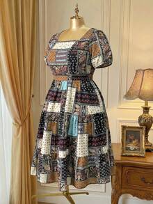 Rometta 大碼色塊拼接圖案方領荷葉邊連衣裙 - 彩色 - 查看 2