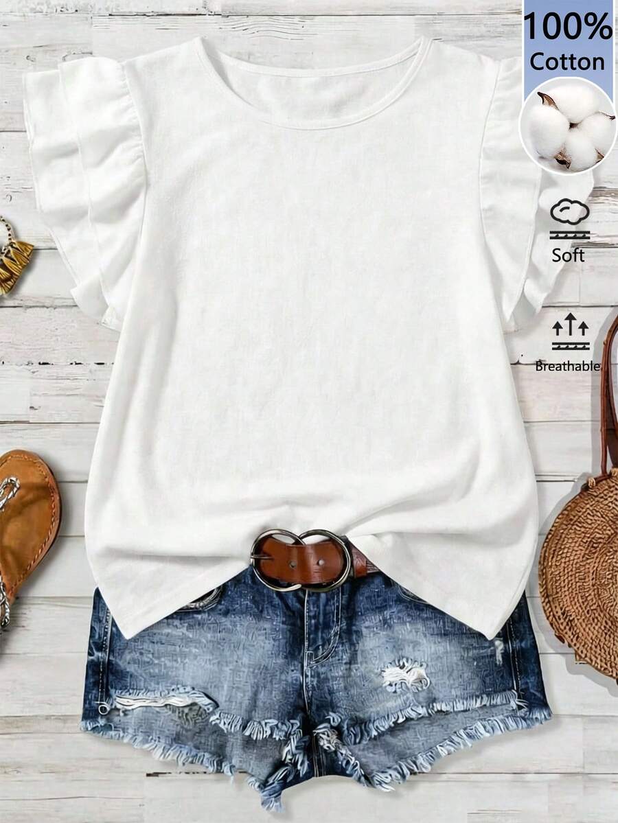 SHEIN LUNE Blusa de mujer casual de algodón puro con cuello redondo, mangas con doble volante y unicolor, estilo minimalista para primavera y verano - Blanco - Ver 1