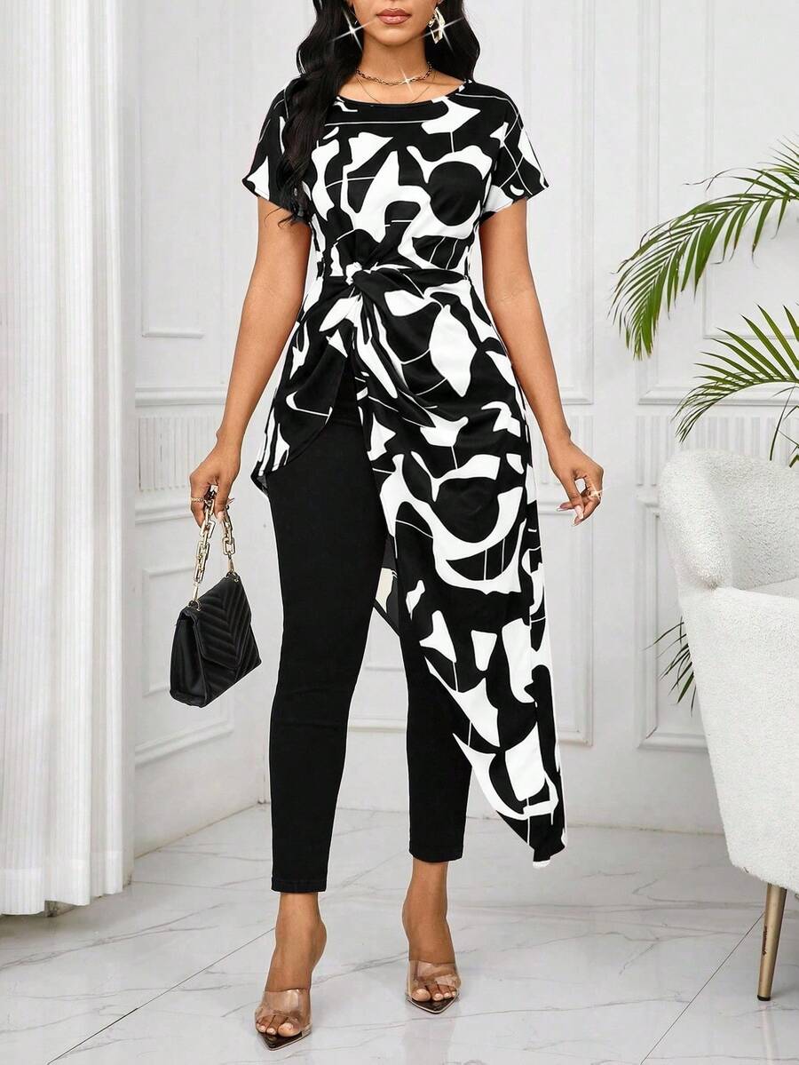 SHEIN Lady Women's Geometric Print Asymmetric Hem Round Neck Short Sleeve Casual Top - Apricot - View 1