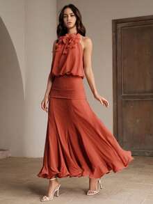 Anewsta Spring/Summer New Holiday Party Halter Sleeveless Detachable Floral Decor Waist Splice Ruffle Hem Romantic Elegant Maxi Dress For Women - Coral Orange - View 4