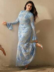 Anewsta 大码女式蓝色浪漫优雅立领喇叭袖花卉刺绣网纱修身长裙，拼接蕾丝缎带装饰，适合日常、度假、派对、情人节、婚礼等场合。 - 藍色 - 查看 5