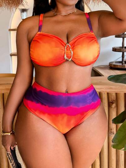 Slaydiva Conjunto de bikini naranja y púrpura degradado atardecer, diseño de bandeau con push-up y decoración de estrella de mar, Bottom de triángulo con tirantes, traje de baño sexy para playa y spa