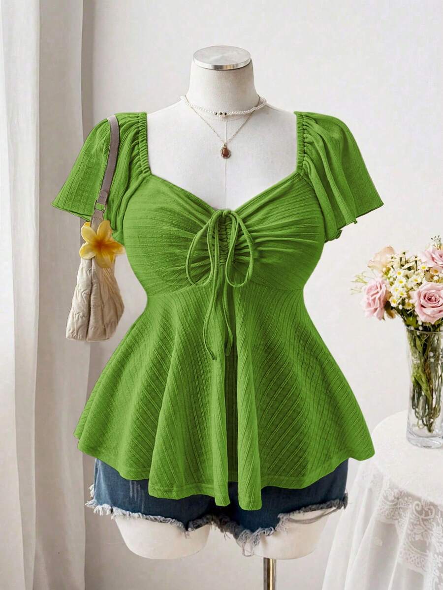 Sweetra Áo thun nữ cỡ lớn cổ vuông tay bồng dây rút eo nơ dáng chữ A chất liệu vải dệt họa tiết cổ điển thanh lịch dễ thương thoải mái mặc ở nhà - Limelight Green - Xem 1