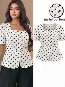 Auvina Áo kiểu dáng rộng rãi, cổ vuông, chấm bi retro, thích hợp mặc đi làm, dự tiệc, gặp gỡ bạn bè, dạo phố. - Đen và trắng - Xem 3