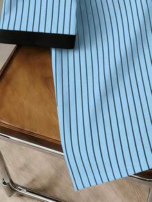 Manfinity Joysei 男士休闲条纹袖拼接圆领T恤，夏季 - 淺藍色 - 查看 4