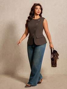 Elaquor Chaleco de mujer de unicolor con cuello oblicuo, ropa de oficina, top marrón, conjunto elegante de oficina, chaleco sin mangas con cuello oblicuo y elegante para mujeres, atuendos casuales de mujer, blusas de trabajo de mujer, ropa de trabajo de mujer para la oficina, blazer para mujer - Café integral - Ver 2