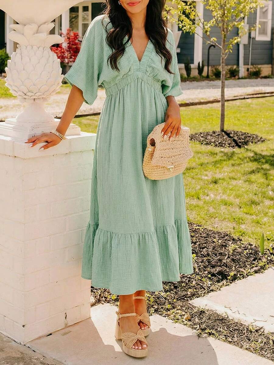 Coeurva Women's Casual Romantic Vacation Floral Print Cotton V-Neck Solid Green Dress Dresses Yelloe Dress Zanzea Dress For Women Woman Dress - Gray green - View 1