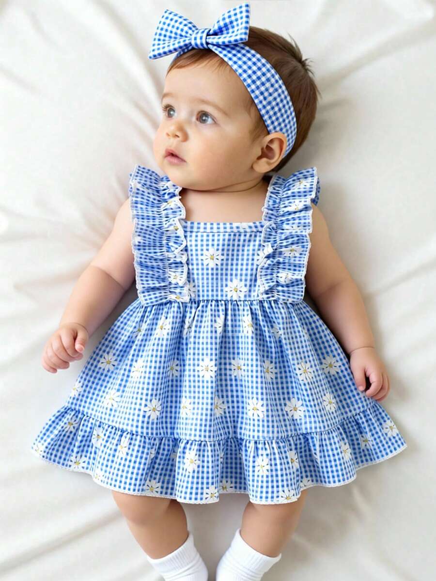 SHEIN Newborn Baby Girls' Summer Dress In Dusty Blue,Cute Floral Gingham Plaid Knit Outfit,Ruffle Hem Sleeveless Waisted Dress Headband Set Vacation Cute