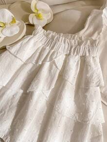 SHEIN Tween Girls 2pcs/Set :White Textured Cutout Floral Blouse&Layered Ruffle Hem Mini Skirt,Cute Summer Vacation Holiday Outfit For Daily Wear,Parties - White - View 6