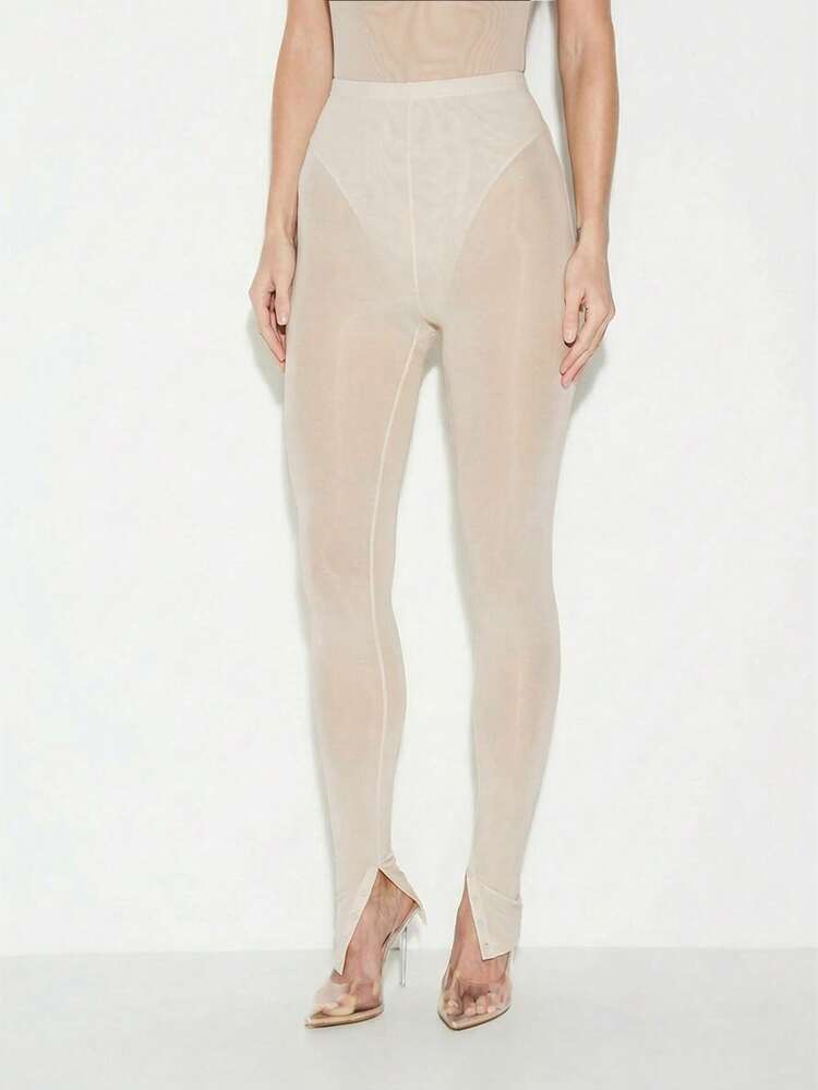 KIZN High Waisted Mesh Leggings With Button Detail Ankle Slit Stretchy Fitted Pants For Casual Chic Style