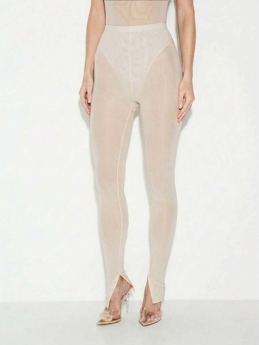 KIZN High Waisted Mesh Leggings With Button Detail Ankle Slit Stretchy Fitted Pants For Casual Chic Style - Beige - View 1